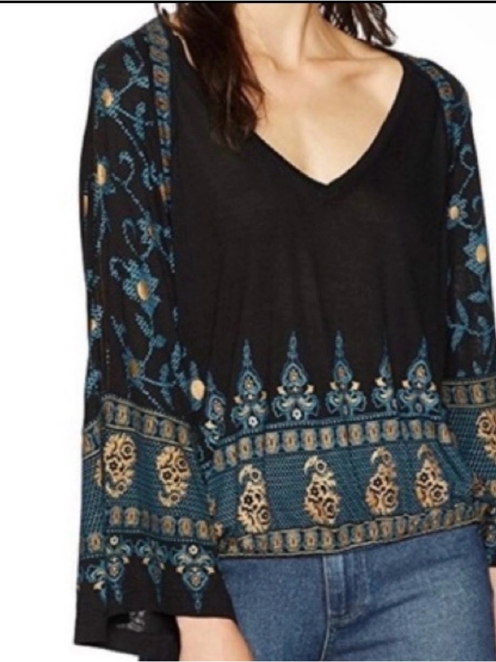 Free People Black V-Neck Peasant Top with Blue & Gold Border Print